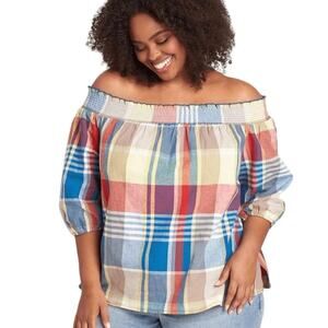 Lane Bryant NWT Off Shoulder Madras Plaid Linen Blend Top 18/20P (Plus Petite)